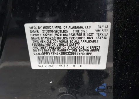2013 Honda Pilot Exl from USA, damaged, VIN 5FNYF3H6XDB032098